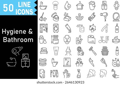 Hygiene, bathroom, and personal care flat icons. This includes icons for bathing, dental care, skincare, cleaning, sanitation, grooming, and more. 