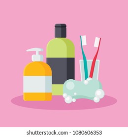Hygiene and beauty products Set vector illustration in modern flat style. Collection of soap, shampoo, Toothbrush and liquid soap in bottle flat icons isolated on pink background.