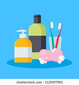Hygiene and beauty products Set vector illustration in modern flat style. Collection of soap, shampoo, Toothbrush and liquid soap in bottle flat icons isolated on blue background.