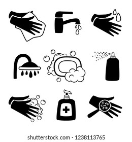 Hygiene black icons. Antiseptic cream and hands washing, antibacterial soap and personal towel silhouette icon set on white