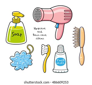 Hygiene and body care items. Hair dryer, comb, liquid soap bottle, bath puff, tooth brush and paste. Icons set isolated.