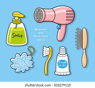 Hygiene and body care items. Hair dryer, comb, liquid soap bottle, bath puff, tooth brush and paste. Vector icons set.
