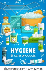 Hygiene And Body Care Products. House Cleaning And Laundry Vector Supplies. Housework Wash Detergent Package, Basin With Foam And Liquid Soap. Toilet Paper, Shaving Foam And Toothpaste Cartoon Poster