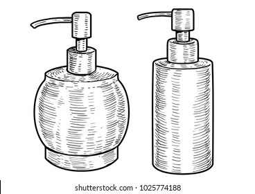 Hygiene bottle illustration, drawing, engraving, ink, line art, vector