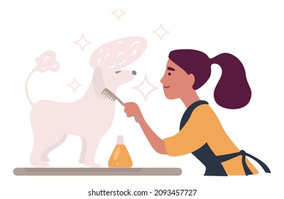 Hygiene and care for canine animals, grooming and brushing fur with hairbrush. Puppy in salon, lady specialist with comb trimming hair. Doggy fashion and special services. Vector in flat style