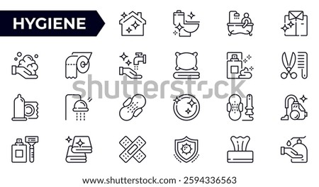 Hygiene and care line icon set. Cleaning, disinfecting, washing, sweeping and sanitation. Soap and shampoo. Outline icon collection. Pictogram and infographic.