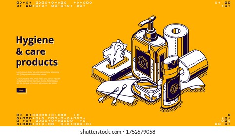 Hygiene and care products isometric landing page with liquid sanitizer, antibacterial soap bar, wet wipes or towels for washing hands. Bathroom toiletries cleaning items, 3d vector line art web banner