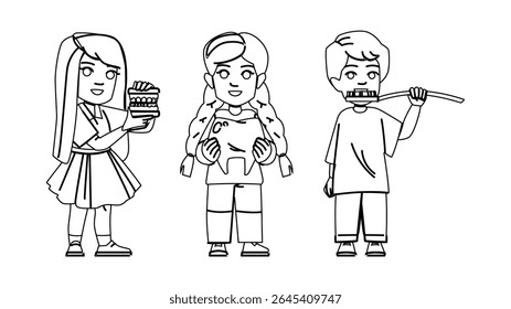 hygiene child oral health vector. dentist kid, smile mouth, tooth little hygiene child oral health character. people black line pencil drawing illustration