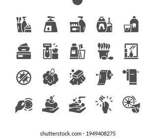 Hygiene. Clean hand. Feminine intimate hygiene. Toilet paper, cream, razor, earbuds and soap. Bathroom. Dental care. Vector Solid Icons. Simple Pictogram