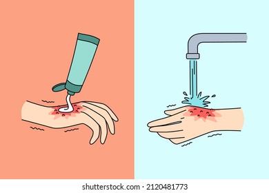 Concepto de higiene y limpieza de manos. Mano humana aplicando crema y lavado con agua de la limpieza de grifo salvando higiene diaria y lesión curadora ilustración vectorial 