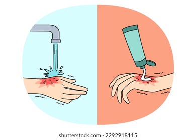 Hygiene and cleaning hands concept. Human hand applying cream and washing with water from tap cleaning saving everyday hygiene and curing injury vector illustration