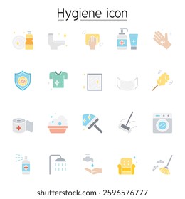 Hygiene and Cleaning icon set in flat color style