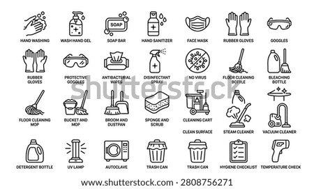 Hygiene and cleaning icons set including hand washing sanitizing face masks gloves goggles antibacterial wipes disinfectants cleaning tools and appliances such as mops vacuums and autoclaves for health and safety.