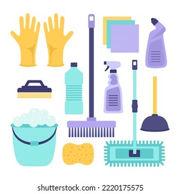 hygiene cleaning items, cartoon vector illustration of domestic tools brushe, bucket, broom, mop, detergents and rags, flat style