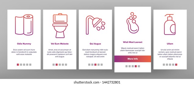 Hygiene, Cleaning Onboarding Mobile App Page Screen Vector Set. Sanitary, Personal Hygiene. Bathroom, Toilet Items. Washing Hands, Shower, Hygienic Procedures. Body Care Products Symbols
