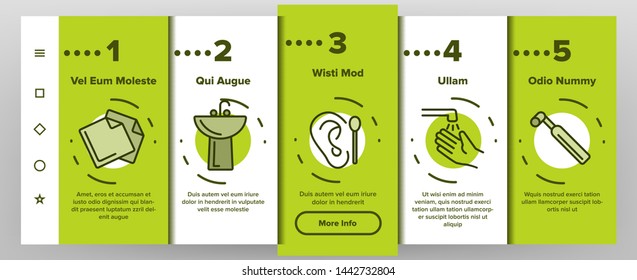 Hygiene, Cleaning Onboarding Mobile App Page Screen Vector Set. Sanitary, Personal Hygiene. Bathroom, Toilet Items. Washing Hands, Shower, Hygienic Procedures. Body Care Products Symbols