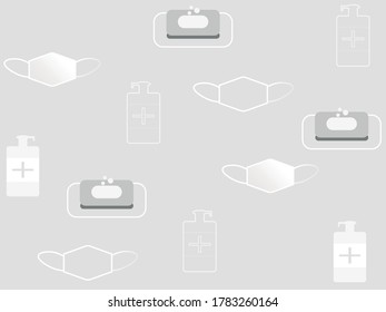 Patrón de recolección de productos de limpieza de higiene de fondo. Jabón, máscara y gel antiséptico. Ilustración de vectores de caricaturas de línea plana.
