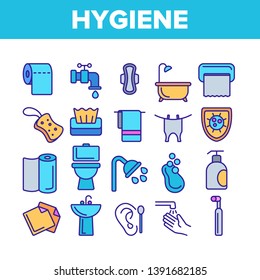 Hygiene, Cleaning Thin Line Icons Vector Set. Sanitary, Personal Hygiene Linear Illustrations. Bathroom, Toilet Items. Washing Hands, Shower, Hygienic Procedures. Body Care Products Outline Symbols