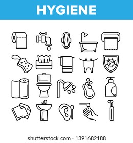 Hygiene, Cleaning Thin Line Icons Vector Set. Sanitary, Personal Hygiene Linear Illustrations. Bathroom, Toilet Items. Washing Hands, Shower, Hygienic Procedures. Body Care Products Outline Symbols