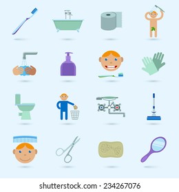 Hygiene cleaning washing bathroom icons set with male figure isolated vector illustration