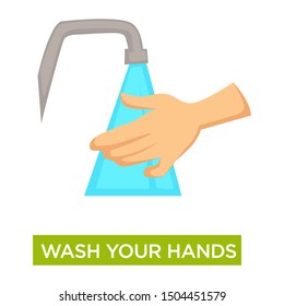 Hygiene and cleanliness, hands washing, water current, sink tap vector. Palms dirt removal, daily routine or bathroom procedure, infections and disease prevention. Isolated human body part limb