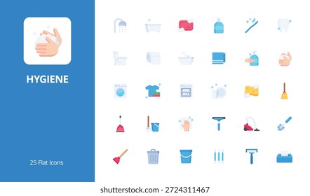 Hygiene und Sauberkeit Icon Set mit flachem Stil. Perfekt für UI-, Infografiken- oder Social-Media-Inhalte im Zusammenhang mit Hygiene, Reinigung und Hauswirtschaft.