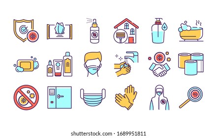 Hygiene color line icons set. Virus protection. Pictograms for web page, mobile app, promo. UI UX GUI design element. 