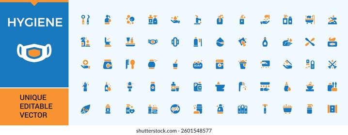 Hygiene colorful icon set. Contain filled sign disinfect, protect, anti, medical, protection, care and more. Icons for website. Bath icon set. Pixel Perfect.
