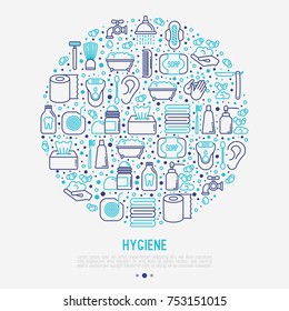 Hygiene concept in circle with thin line icons: hand soap, shower, bathtub, toothpaste, razor, shaving brush, sanitary napkin, comb, ball deodorant, mouth rinse. Vector illustration.