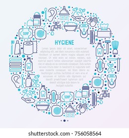 Hygiene concept in circle with thin line icons: hand soap, shower, bathtub, toothpaste, razor, shaving brush, sanitary napkin, comb, ball deodorant, mouth rinse. Vector illustration.