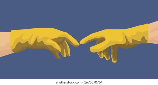 Hygiene concept with Michelangelo’s hands pointing their fingers while wearing latex gloves to protect themselves from the spread of a virus.