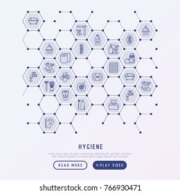 Hygiene concept in honeycombs with thin line icons: hand soap, shower, bathtub, toothpaste, razor, shaving brush, sanitary napkin, comb, ball deodorant, mouth rinse. Vector illustration.