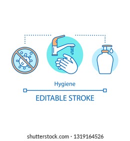 Hygiene concept icon. Washing hands idea thin line illustration. Sanitary and cleaning. Hygienic procedures. Vector isolated outline drawing. Edtable stroke