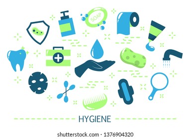 Hygiene concept. Idea of clean body and health. Liquid soap, toilet paper and sponge. Personal hygiene. Set of colorful icons. Isolated flat vector illustration