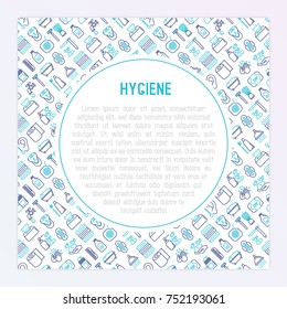 Hygiene concept with thin line icons: hand soap, shower, bathtub, toothpaste, razor, shaving brush, sanitary napkin, comb, ball deodorant, mouth rinse. Vector illustration for banner, web page.