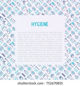 Hygiene concept with thin line icons: hand soap, shower, bathtub, toothpaste, razor, shaving brush, sanitary napkin, comb, ball deodorant, mouth rinse. Vector illustration for banner, web page.