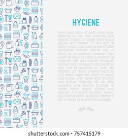 Hygiene concept with thin line icons: hand soap, shower, bathtub, toothpaste, razor, shaving brush, sanitary napkin, comb, ball deodorant, mouth rinse. Vector illustration.