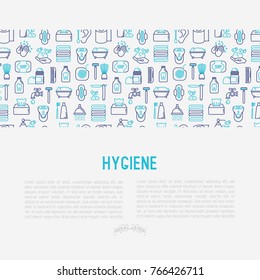 Hygiene concept with thin line icons: hand soap, shower, bathtub, toothpaste, razor, shaving brush, sanitary napkin, comb, ball deodorant, mouth rinse. Vector illustration for web page, print media.
