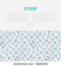 Hygiene concept with thin line icons: hand soap, shower, bathtub, toothpaste, razor, shaving brush, sanitary napkin, comb, ball deodorant, mouth rinse. Vector illustration for web page, print media.