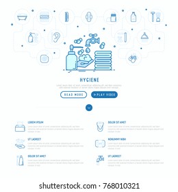 Hygiene concept: wash your hands with soap and thin line icons: shower, bathtub, toothpaste, razor, shaving brush, napkin, comb, ball deodorant, mouth rinse. Vector illustration, template for web page