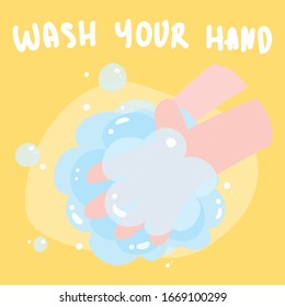 Hygiene concept. Washing hands or cleaning hands with soap. Vector illustration to remind to wash your hands in cute cartoon style.