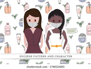 Hygiene Corona Virus Covid Sanitizers Soap Mask Pattern and Girls Character with Face Mask