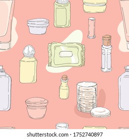 Hygiene and cosmetic products seamless pattern. Wet wipes, creams, disinfectants, in pastel colors. Hand-drawn on paper.