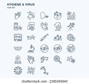Hygiene and covid virus outline icon set