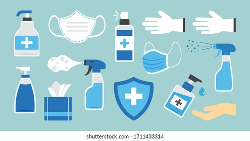 Hygiene. Disinfectant, antiseptic, hand sanitizer bottles, medical mask, washing gel, spray, wipes, antibacterial soap, gloves, napkins. PPE personal protective equipment. Medical insurance. Vector