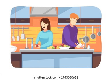 Hygiene, disinfection, cooking, coronavirus, protection concept. Woman girlfriend washes hands man boyfriend washing fruits together at home on quarantine. Preventive measures from covid19 infection.