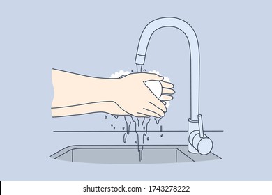 Hygiene, disinfection, cooking, coronavirus, protection concept. Woman or man washing hands with soap in sink at home on quarantine. Preventive measures from covid19 desease infection illustration.