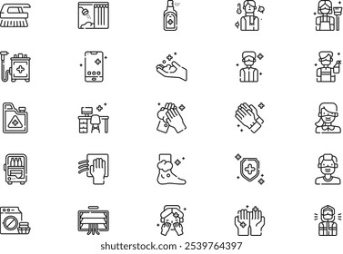 Hygiene and disinfection icons collection is a vector illustration with editable stroke.