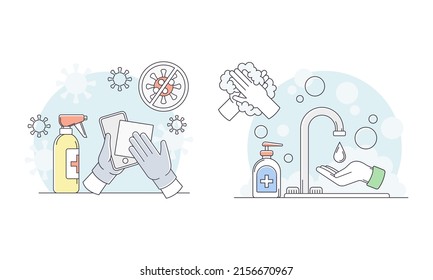 Hygiene and disinfection measures set. Hand washing and disinfecting with antiseptic. Coronavirus safety measures vector illustration