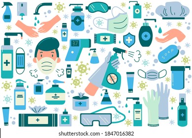 Hygiene doodle set. Disinfectant coronavirus antiseptic medical face masks washing gel spray antibacterial soap wipes napkins gloves. PPE Personal protection equipment medical insurance and healthcare